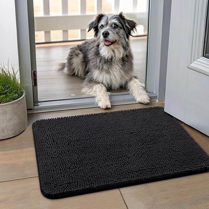 Smiry Dog Door Mat for Muddy Paws 24x16, Absorbs Moisture and Dirt Doormat, Non-Slip Washable Quick Dry Chenille Front Door Mat Indoor Entrance, Entryway Carpet for Inside Floor, Black