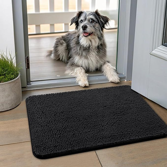 Smiry Dog Door Mat for Muddy Paws 24x16, Absorbs Moisture and Dirt Doormat, Non-Slip Washable Quick Dry Chenille Front Door Mat Indoor Entrance, Entryway Carpet for Inside Floor, Black