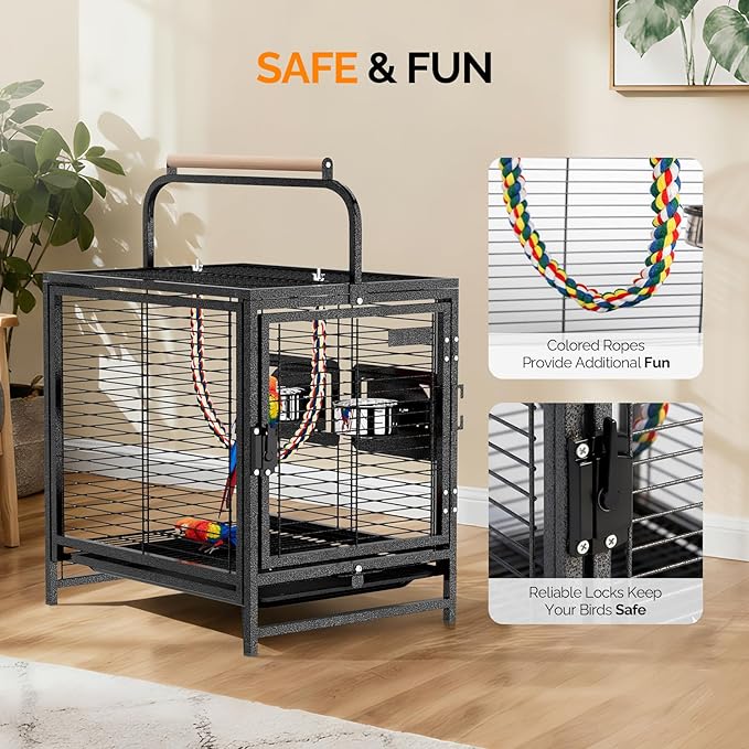 VINGLI Bird Cage, 25 inch Wrought Iron Bird Travel Carrier, Cage with Handle for Parakeets, Parrot, Lovebirds, Finches, Small/Medium Birds