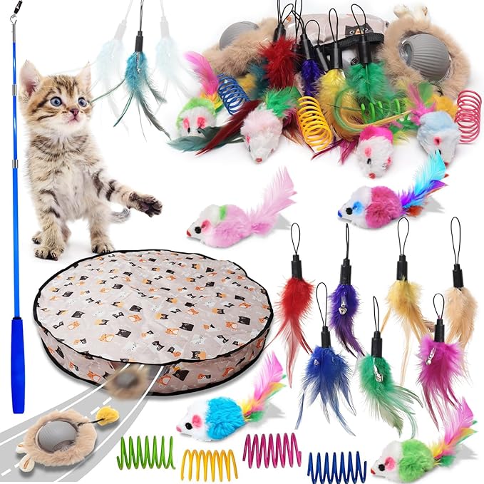 Cat Toys Pack, Interactive Cats Toys for Indoor Cat, Speedy Tail 2.0 Cat Toy, Teaser Feather Mouse Toy for Kittens (20PCS)