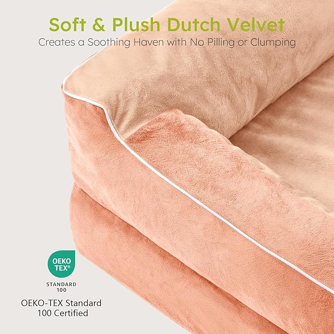 XXL Dog Bed for Extra Large Dogs, Giant Orthopedic Dog Bed with Cooling Gel Memory Foam, Waterproof Pet Bed with Removable Washable Cover, 53" Pet Sofa bed Dutch Velvet with Bone Toy, Peach Pink