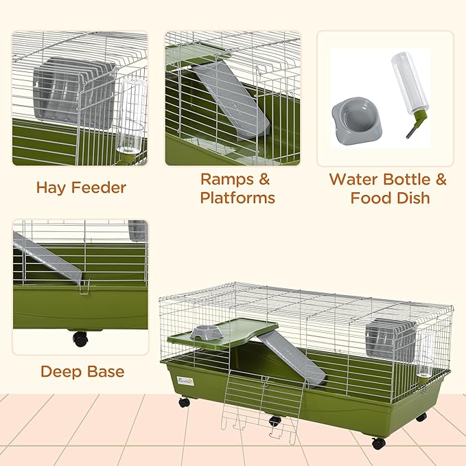 PawHut 47" L Small Animal Cage, Rolling Bunny Cage, Guinea Pig Cage with Food Dish, Water Bottle, Hay Feeder, Platform, Ramp for Chinchilla, Green