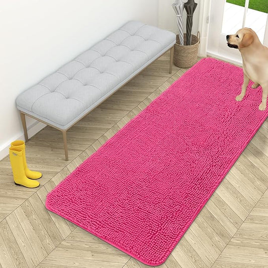 OLANLY Dog Door Mat for Muddy Paws 59x24, Absorbs Moisture and Dirt, Absorbent Non-Slip Washable Doormat, Quick Dry Chenille Mud Mat for Dogs, Entry Indoor Entryway Carpet for Inside Floor, Hot Pink