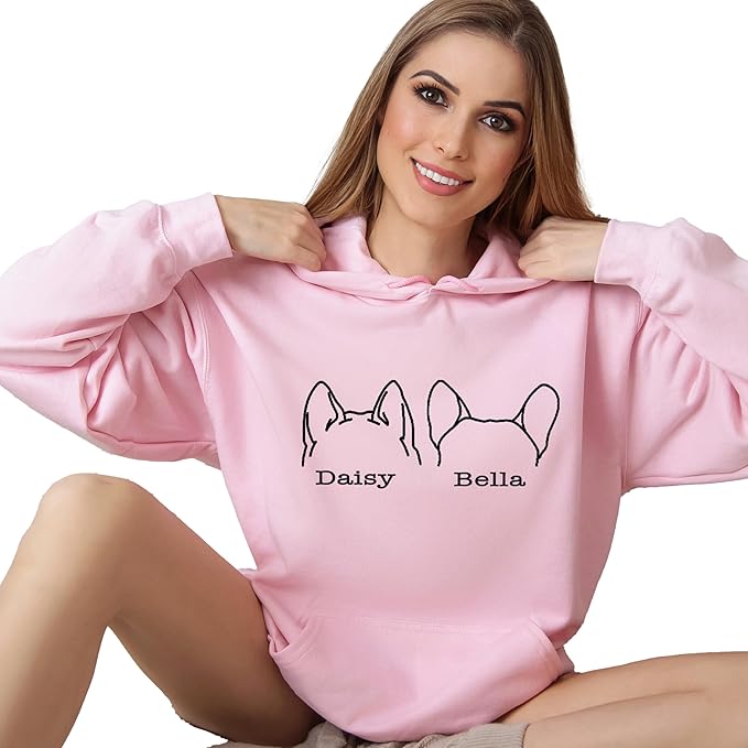 Custom Dog Mom Shirt for Women Pet Ears Sweatshirt with Name Unique Puppy Line Art Cute Dad Hoodie for DogDad Owner Lover