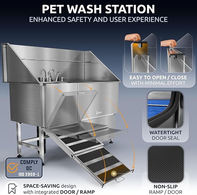 KANIS Professional Dog Washing Station - 304 Stainless Steel Pet Wash Sink & Grooming Bath Tub for Home with Ramp, Shower, Floor Grate, Storage Drawer, Faucet, Drain Kit for Large, Medium & Small Pets