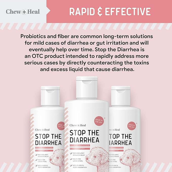 Chew + Heal Labs Anti Diarrhea for Dogs - 12 oz. of Stop The Diarrhea Liquid Supplement with Kaolin for Upset Stomach Relief - Made in The USA