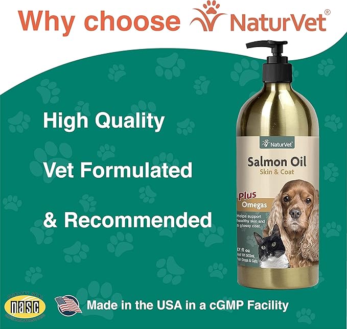 NaturVet – Salmon Oil Skin & Coat Plus Omegas | Supports Healthy Skin & Glossy Coat | Natural Source of Omega-3 & 6 Fatty Acids | for Dogs & Cats (17 oz Oil)