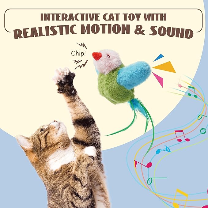 Flapping Bird Cat Toy, Interactive Catnip Kitten Toy with Lifelike Chirping, Rechargeable & Touch Activated for Bored Indoor Adult Cats of All Breeds, Green