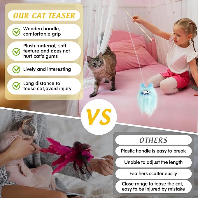 Elastic Cat Wand Toy Funny Interactive Plush Cat Fishing Pole Toy with Bell Soft Natural Wood Kitten Teaser Wand for Indoor Cats Kittens Bored Cats (3 Pack)