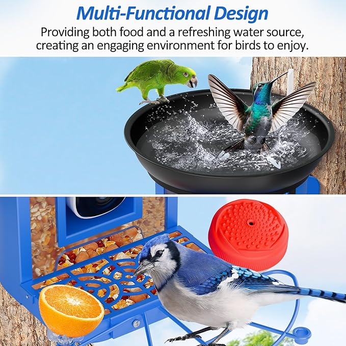 Bird Feeder with Camera, 2K Birds Camera with 3-in-1 Feeding, Drinking, and Bathing | AI Identify, Real-Time Monitoring and Alerts | IP65 and Squirrel-Proof for Outdoors, Gift for Bird Lovers