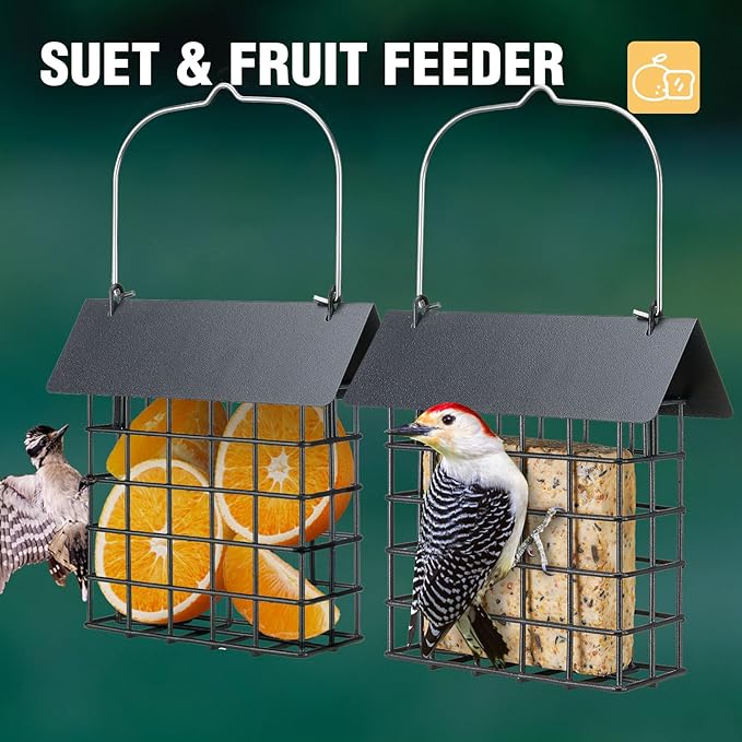 Veehoo 2Pcs Suet Bird Feeder for Outside Hanging with Metal Roof-Suet Cakes Cage Bird Feeder for Outdoors Hanging, Outdoor Garden Wild Bird Feeder Suet Holder, Woodpecker Feeder, Black