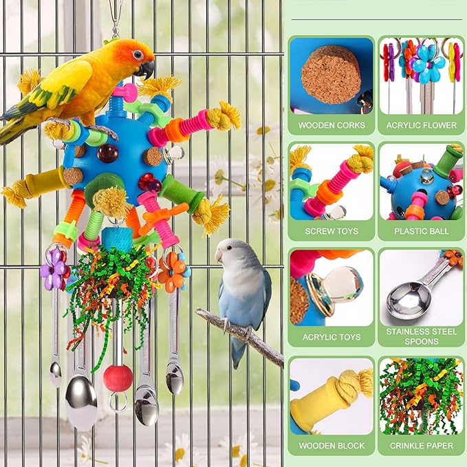 Parrot Toys Bird Toys Perch Pullable Stainless Steel Spoons Colorful Acrylic Stick Chew Toys for Amazons Mini Macaws African Greys Cockatoos Conures, Cockatiels, Lovebirds, Parrotlets and Other (blue)