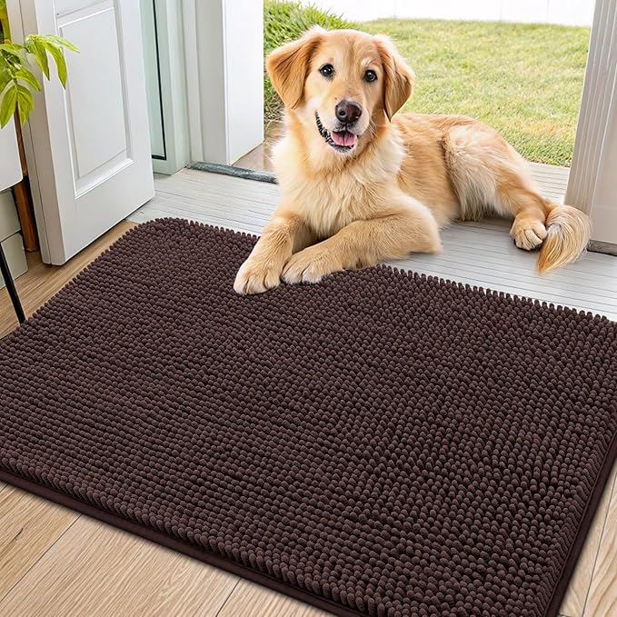 Smiry Dog Door Mat for Muddy Paws 36x24, Absorbs Moisture and Dirt Doormat, Non-Slip Washable Quick Dry Chenille Front Door Mat Indoor Entrance, Entryway Carpet for Inside Floor, Brown