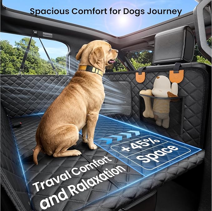 REEVAA Dog Truck Seat Cover for Back Seat, Hard Bottom Dog Hammock for Car, Pet Bed Extender for 2-4 Large Dogs, Waterproof Seat Protector, Universal XL Size Fits for Crew Cab Truck/SUV, Black+Orange