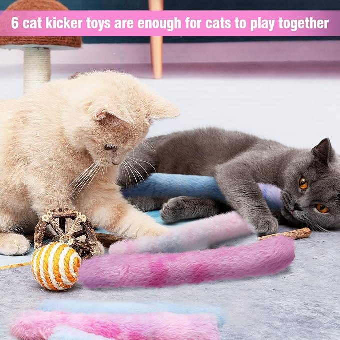 MEWTOGO 6Pcs Cat Kicker Toys with Sound Paper- Kitty Kick Sticks Soft Plush Cat Chew Toy to Squeak- Durable Kick Toy for Indoor Cats Gift Playing(11.8" x 1.6")