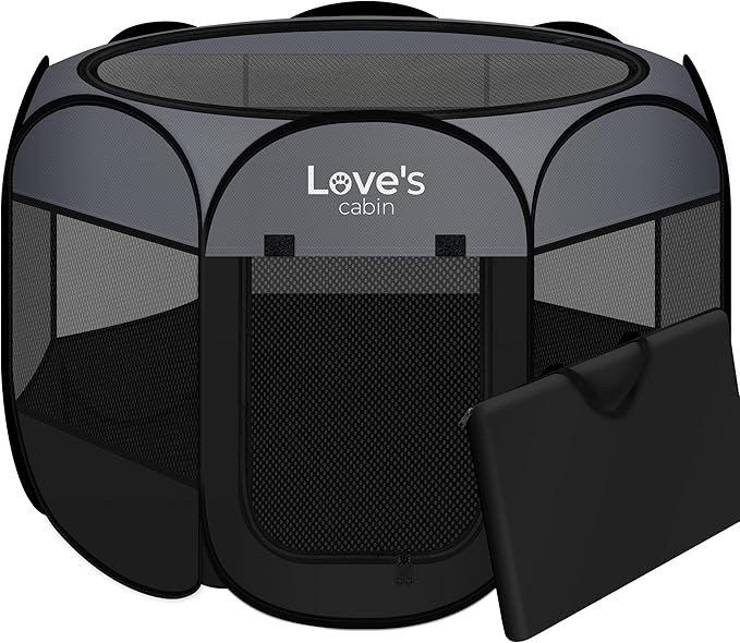 Love's cabin Pet Puppy Dog Playpen, Medium Dog Tent Crates Cage Indoor/Outdoor, Portable Playpen for Cat, Foldable Pop Up Dog Kennel Playpen with Carring Case, Removable Zipper Top, Dark Grey