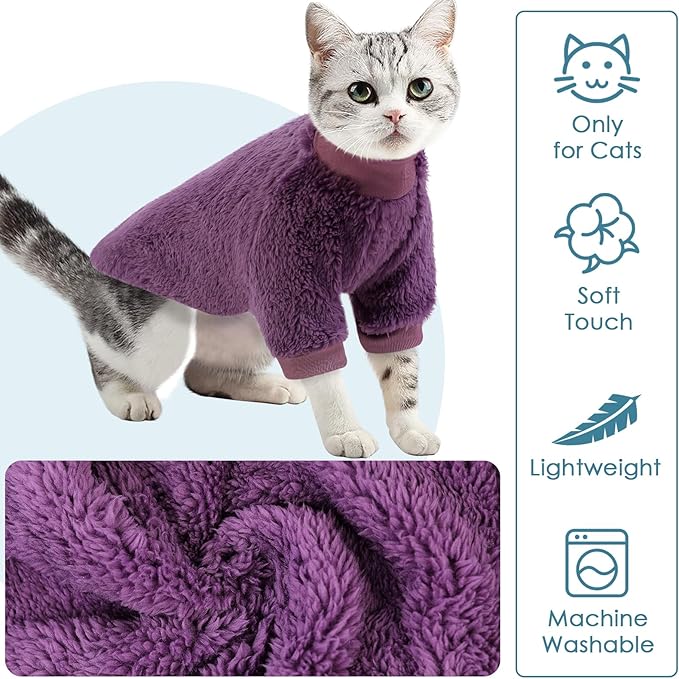 SUNFURA Sphynx Cat Sweater, Hairless Cats Turtleneck Pullover Kitten Sweaters for Cats Only, Warm and Soft Cat Pajamas Shirt with Sleeves Pet Winter Clothes Fleece Jumpsuit for Puppy, Purple M