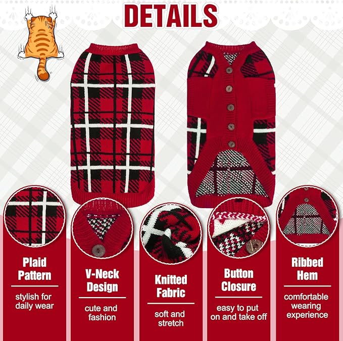 EXPAWLORER Cat Sweater Cardigan - Stylish Knit Cat Clothes, Plaid British Style Soft Puppy Sweater with Sleeve, Warm Pet Clothing Knitwear, Fall Winter Kitten Coat for Girl Boy Cats, Red S