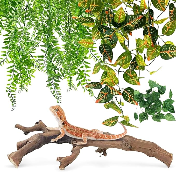 VCEPJH 4 Pcs Reptile Plants, Climbing Wood Branch Terrarium Hanging Fake Plant Leaves Bearded Dragon Tank Accessories, Habitat Decor for Snake Leopard Gecko Lizard Chameleon (Style 1)