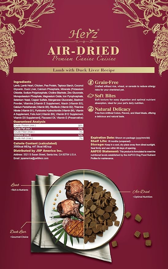 Herz Air-Dried Dog Food Lamb & Duck Liver Recipe 2.2 lb, All-Natural, High-Protein, Grain-Free, Limited Ingredients, Complete & Balanced, Premium Canine Cuisine