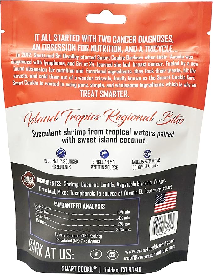 Smart Cookie All Natural Soft Dog Treats - Shrimp & Coconut - Healthy Dog Treats for Allergies, Sensitive Stomachs - Chewy, Grain Free, Human-Grade, Made in The USA - 5oz Bag, 1 Pack