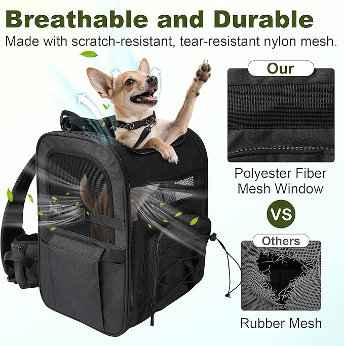 Dog Carrier Backpack for Small Dogs - Breathable Mesh Hiking Bag with Safety Buckle, Adjustable Straps and Standard Pad - Durable for Hiking (Fits Small Cats Too, Up to 17lbs, Black)