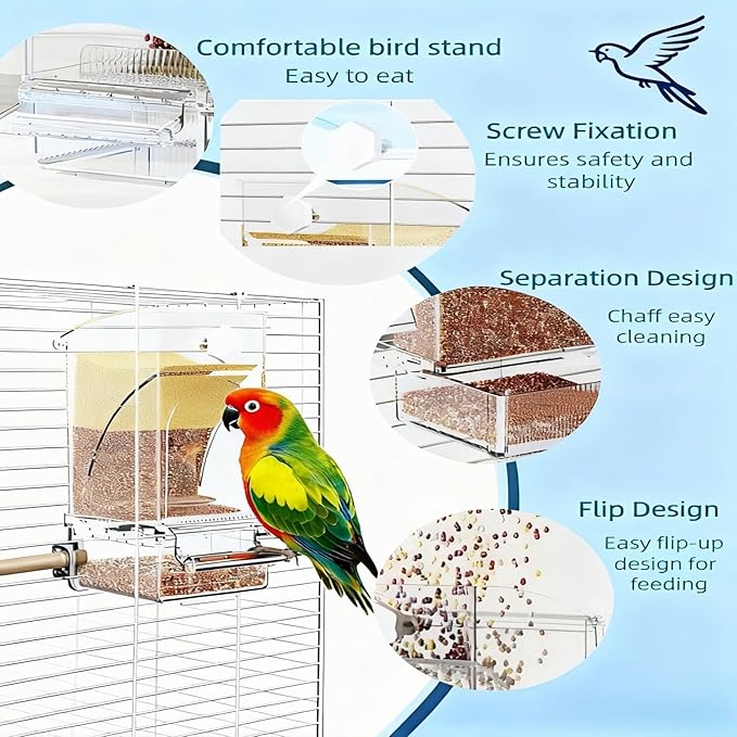 Automatic No Mess Bird Feeder and Water Dispenser Set, Acrylic Food Container and Drinker Bowl for Parrot Cage, Easy Clean Accessories for Parakeets Cockatiels Lovebirds and Other Small Pets