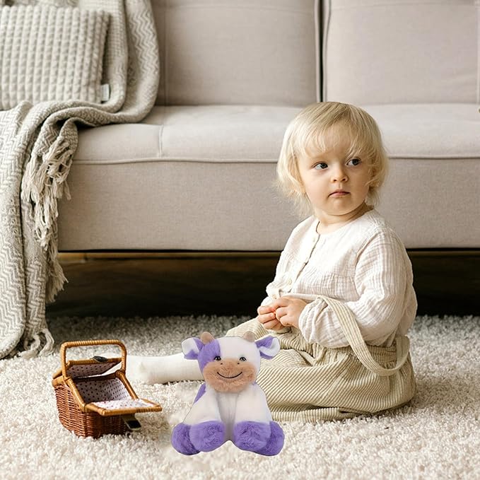 Purple and White Cow Weighted Stuffed Animal 7.87in Cute Sitting Cow Plush with Smile Soft Fluffy Small Farm Plushie for Kids Adults Birthday Festival Gift Bed Home Office Decoration Toys