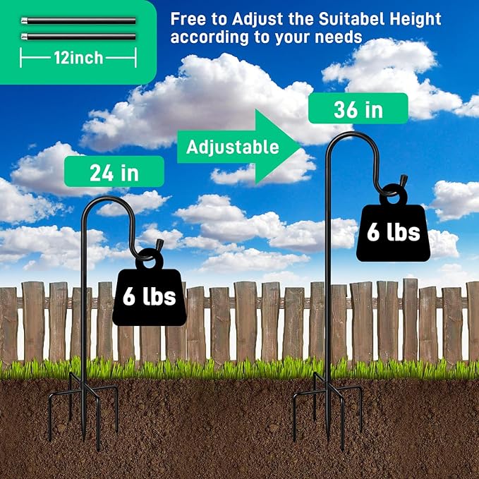 Adjustable Shepherds Hooks - 36Inches, 5Prong Base - Stand Pole for Humming Bird Feeder & Hanging Solar Lights - Mason Jar - Outdoor Garden Wedding Decor (2pcs)