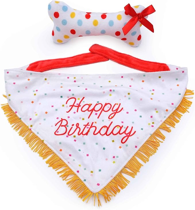 ZippyPaws Dog Birthday Gift Bandana & Bone - Cute Accessories for Girl & Boy Dogs, Holiday Set, Fits Small, Medium, & Large Dogs, Stuffed Plush Toy, Machine Washable Handkerchief - One Size Fits Most