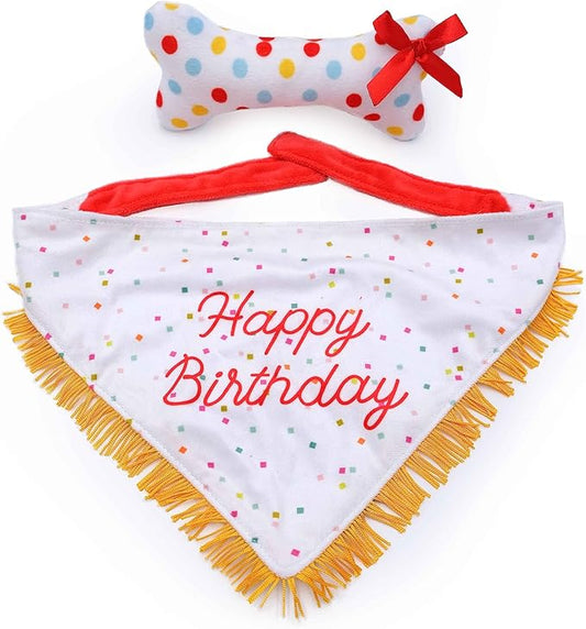 ZippyPaws Dog Birthday Gift Bandana & Bone - Cute Accessories for Girl & Boy Dogs, Holiday Set, Fits Small, Medium, & Large Dogs, Stuffed Plush Toy, Machine Washable Handkerchief - One Size Fits Most