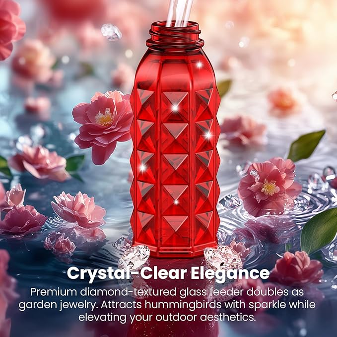 MrCrafts 2Pcs Window Hummingbird Feeder 16oz - Attract 8X More Hummingbirds with Red Diamond-Textured Glass, Ideal for Attracting Wild Birds Outdoor, Bird Watching Gift for Women & Nature Lovers