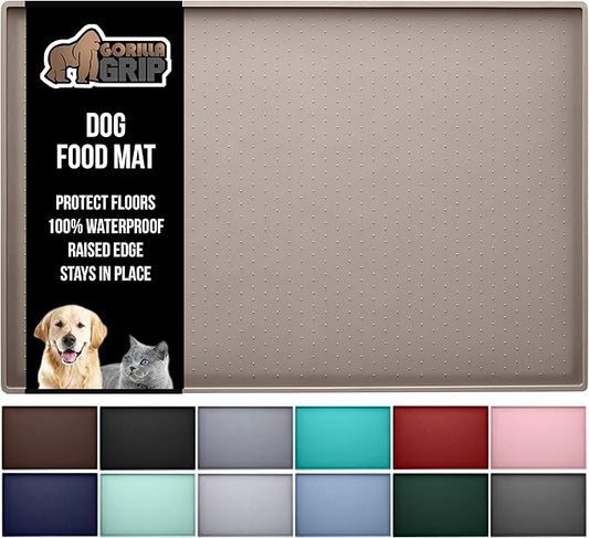 GORILLA GRIP 100% Waterproof Raised Edge BPA Free Silicone Pet Feeding Mat, Dog Cat Food Mats Contain Spills Protects Floors, Placemats for Cats and Dogs Water Bowl, Pets Accessories 28x18 Beige