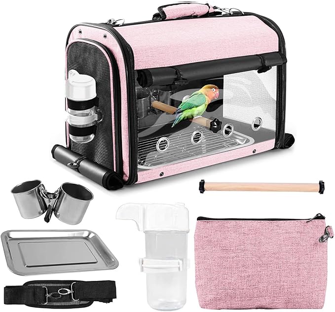 SUERTREE Bird Carrier Bag Bird Travel Cage with Stand, Lightweight Backpack for Parrot, Portable Bird Travel Bag, Pet Transparent Breathable Travel Cage, Pink