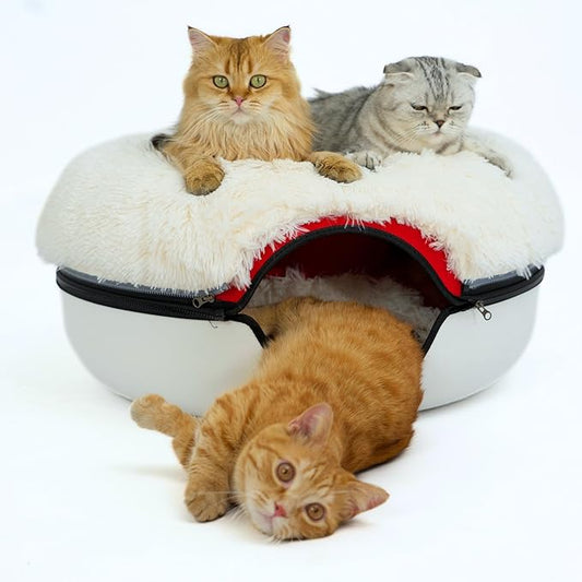 CATTASAURUS Peekaboo Cat Cave for Multiple & Large Cats Up to 30-45 Lbs, Fluffy Cat Beds & Furniture, Scratch Detachable & Washable Tunnel Bed, Comfy Donut Bed (Ruby Snowball, Large (Calming))