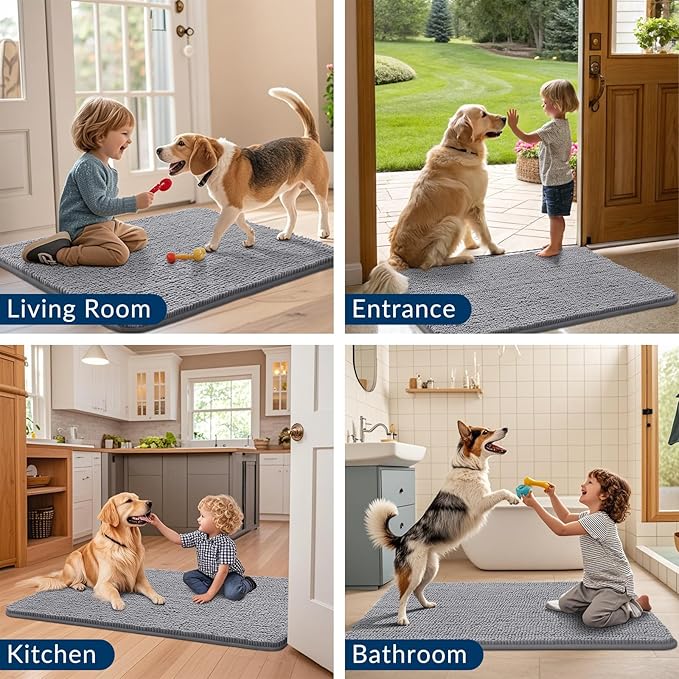 Smiry Dog Door Mat for Muddy Paws 24x16, Absorbs Moisture and Dirt Doormat, Non-Slip Washable Quick Dry Chenille Front Door Mat Indoor Entrance, Entryway Carpet for Inside Floor, Grey
