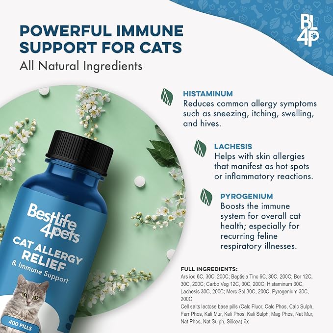 Cat Allergy Relief & Immune Support, Natural Relief for Seasonal Allergies, Itching, Sneezing, Congestion, Runny Nose, and Feline Respiratory Infections, 400 Small Odorless Tasteless Pills