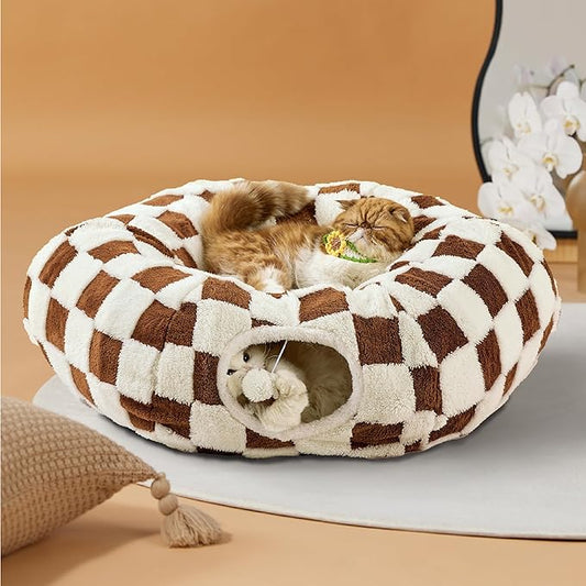 Lesure Cat Tunnel Bed for Indoor Cats - Cute Cat Donut Tunnel Toys for Small Large Cats with Washable Circle Cushion, Round Pet Peekaboo Cave Toy for Kitten/Puppy/Rabbit, Standard Brown