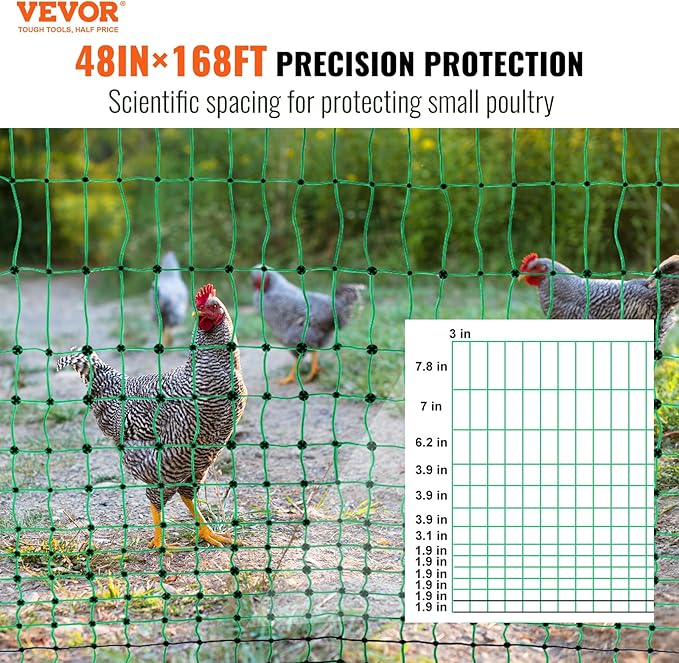 VEVOR Electric Poultry Netting, 48" H x 168' L, PE Net Fencing Kit with Posts & Double-Spiked Stakes, Utility Portable Mesh for Chickens, Ducks, Geese, Rabbits, Used in Backyards, Farms, and Ranches
