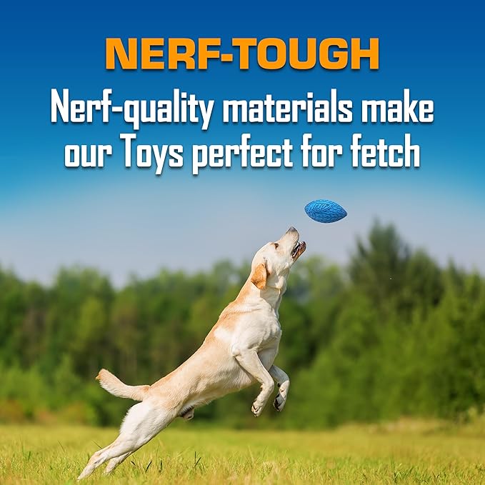 Nerf Dog Toy Gift Set, 3-Piece Set of Outdoor Dog Toys for Fetch, Includes Checker Crunch Ball, Spike LED Squeak Ball and Tire Squeak Football