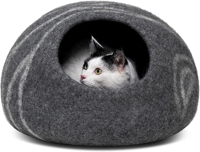 MEOWFIA Cat Cave – Premium Felt Cat Bed for Indoor Cats, Handmade 100% Merino Wool (Medium, Dark Grey)