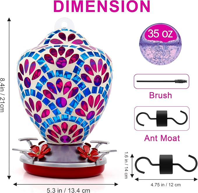 VOREEN Glass Mosaic Hummingbird Feeders, 34OZ with Ant Moat & 4 Feeding Ports, Hand Blown Glass Outdoor Hanging Bird Feeder, Porch Garden Backyard Decor, Gift for Mom Wife Friend, Purple Flower Design