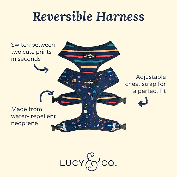 Lucy & Co. Cute Reversible Dog Harness Walking Halter - Best Designer Pet Harnesses Extra Small Medium Large XL Dogs Plus Pug Breeds - Padded Adjustable Puppy Vest Easy Walking (Space Doodle, Small)