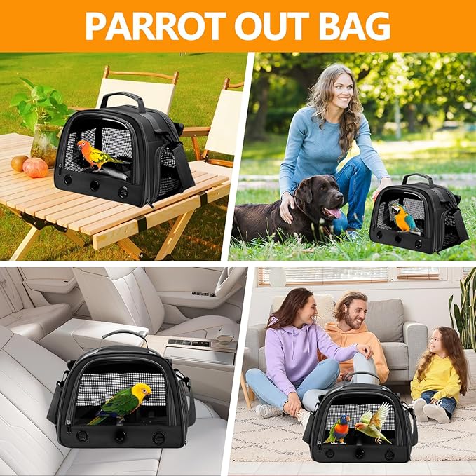 Bird Backpack,with Feeder Cups Tray Perch Portable Breathable Bird Carrier,for Small Birds Parrots Cockatiels (Black)