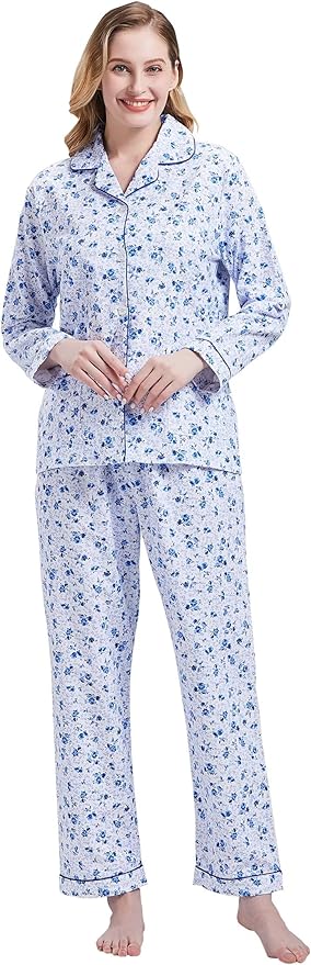 GLOBAL Flannel Pajamas for Women 2-Piece Comfy and Cozy Flannel Pj Set Cotton Loungwear