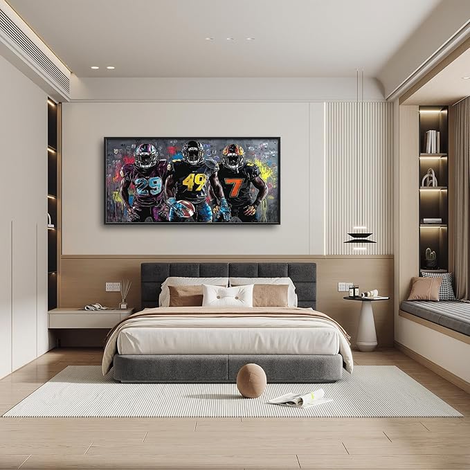 Large Rugby Player Wall Art for Living Room, Framed Oversized Graffiti Sport Wall Decor Cool Canvas Painting Pictures for Men Modern Artwork for Living Room Bathroom Bedroom Office Dining Room 60"x30"