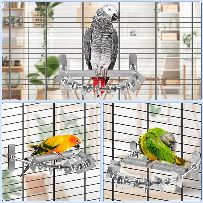Bird Perch for Cage, Stainless Steel Parrot Perches with Metal Chew Toys, Bird Nail Trimming Cage Accessories for Cockatiels, Macaws, African Grey, Amazon Parrots