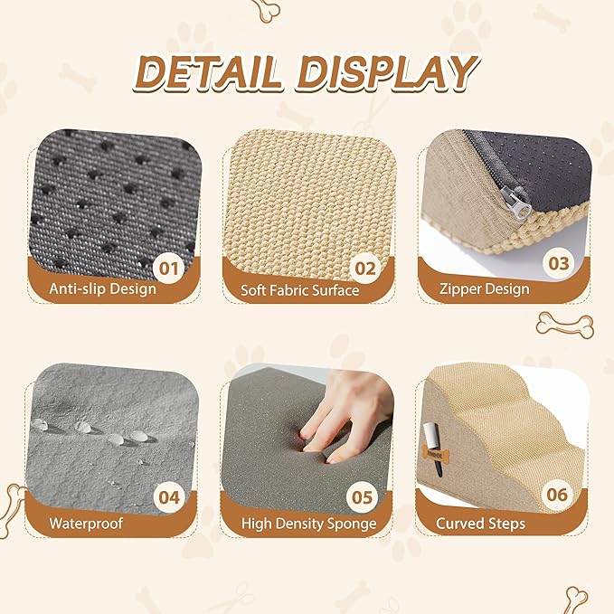 Romrol Dog Stairs Ramp for High Beds Couches, High Density Foam Pet Steps with Durable Non-Slip Waterproof Fabric Cover, Dog Stairs for Small Dogs or Cats or Pets, 3-Step,15 Inch,Beige