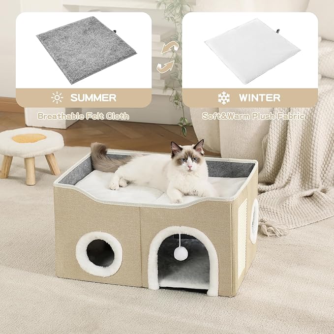 Large Cat Bed for Indoor Cats, Extra Wide Cat Cave House with Scratch Pad and Fluffy Ball, Foldable Cat Hideaway for Kitten Bed, Cat Condo for Cats (Khaki, X-Large)