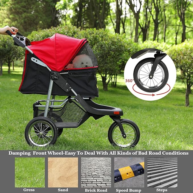 VIAGDO Premium Heavy Duty Dog Stroller for Small Medium Dogs & Cats, 3-Wheel Pet Stroller, Foldable Cat Strollers with Suspension System/Link Brake/One-Hand Fold, Max. Loading 55 LBS Black Red